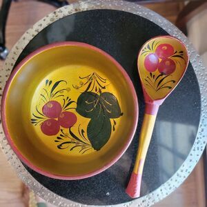 Vintage Soviet wooden bowl with spoon, hand painted, gilded USSR Khokhloma